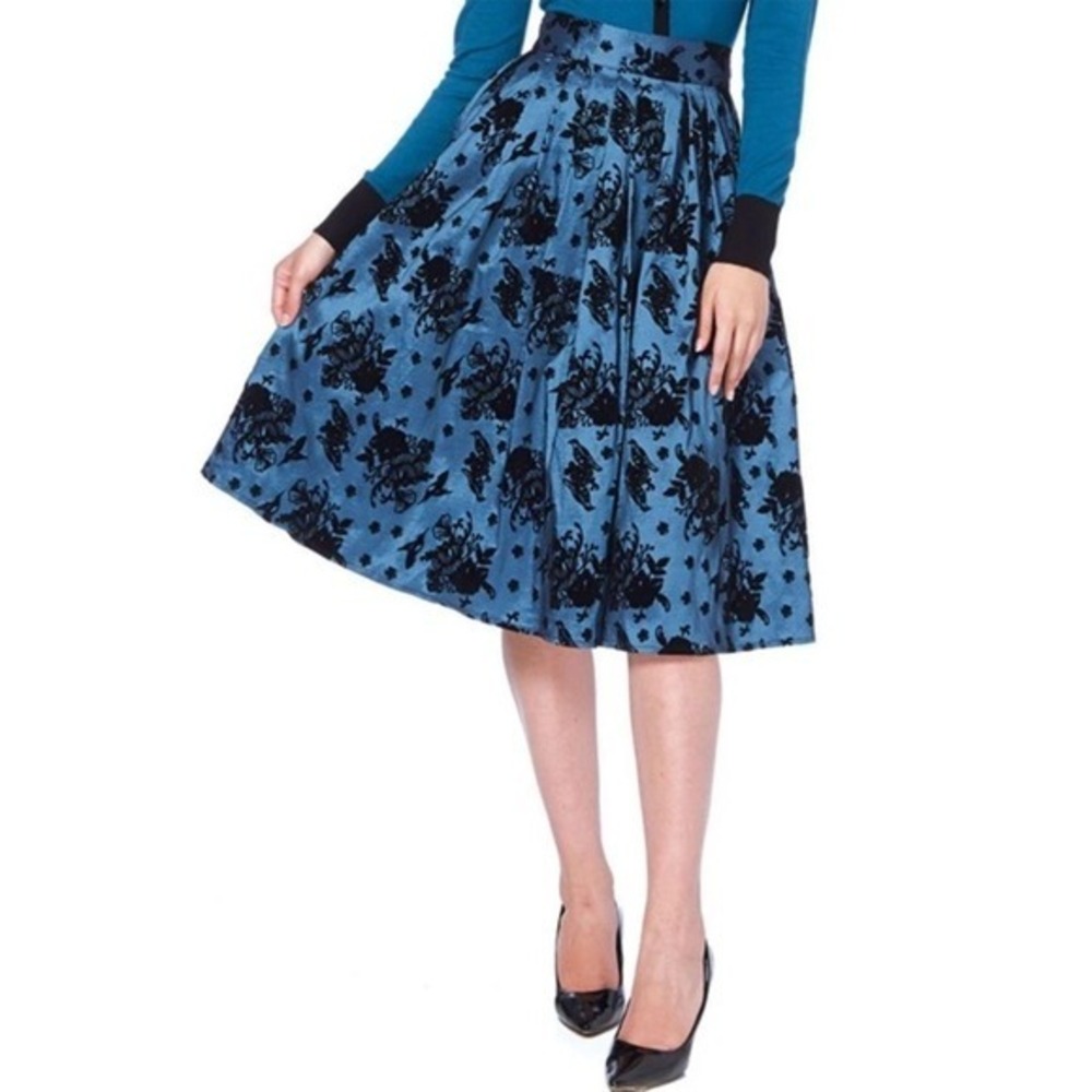 Voodoo Vixen Womens Medium Velvet Flocked Floral Bird Print 50s Rockabilly Skirt